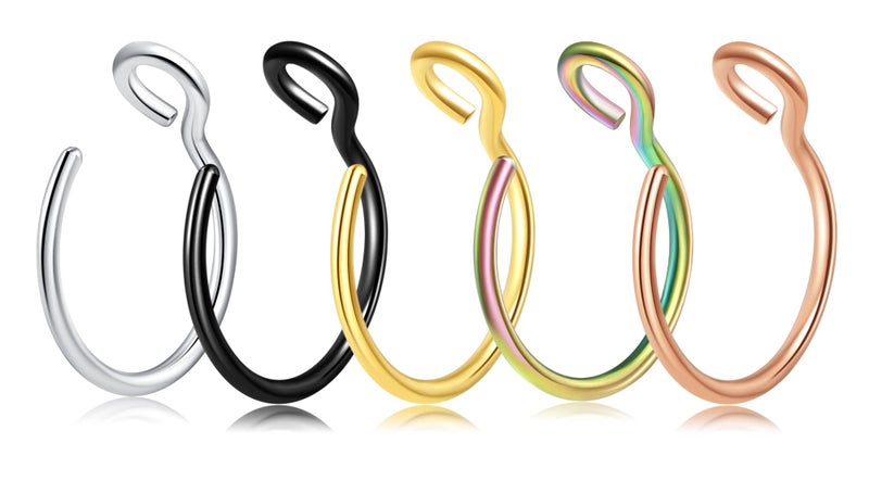 VELCARE 5 Pcs Fake Nose Ring Nose Rings Hoops 20 Gauge Non Piercing Stainless Steel Clip-on Fake Septum Nose Hoop Ring Studs Earrings Piercings for Women Men Faux Lip Rings - Image 1